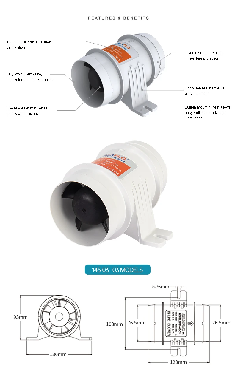 12V/24V 40A ABS Quiet Air Blower Water Resistant High Air Flow In-Line Blower Marine Bilge Boat Blower Motor Plastic