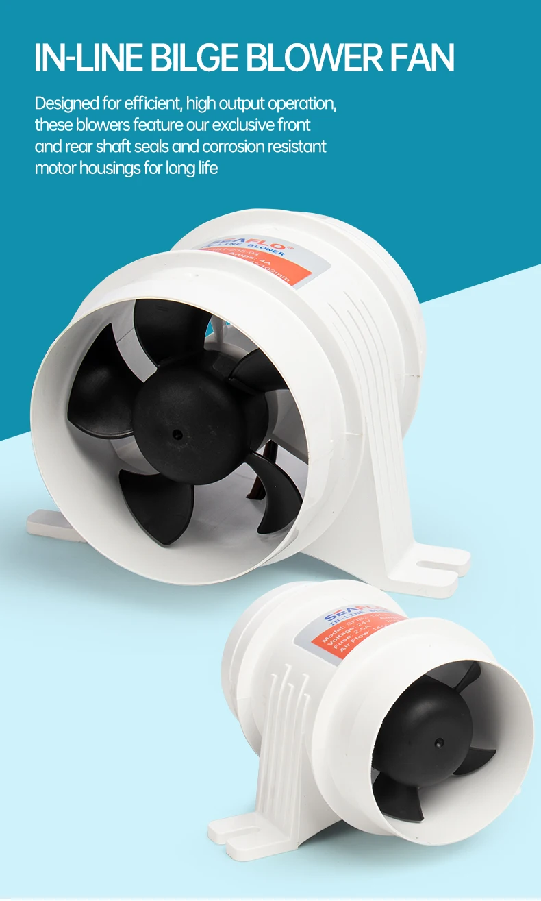 12V/24V 40A ABS Quiet Air Blower Water Resistant High Air Flow In-Line Blower Marine Bilge Boat Blower Motor Plastic