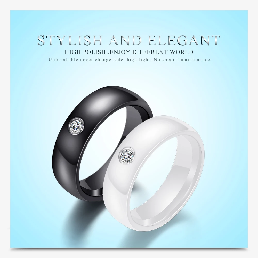 Fashion Men Women Black White Colorful Ring Ceramic Ring For Women With Crystal Wedding Band Ring Width 6mm Size 6-10