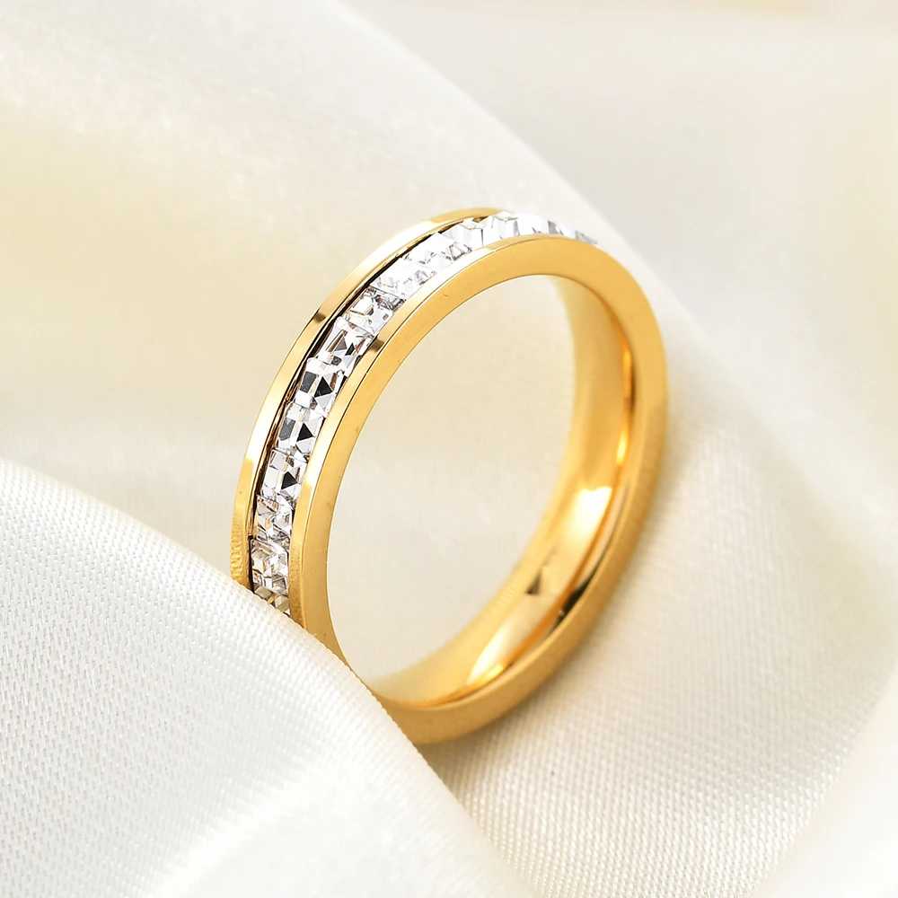 VQYSKO Square Zircon Stainless Steel Ring White Zircon Engagement Party Accessories Geometric Couple Custom Ring