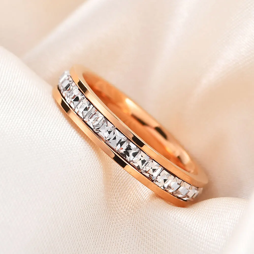 VQYSKO Square Zircon Stainless Steel Ring White Zircon Engagement Party Accessories Geometric Couple Custom Ring