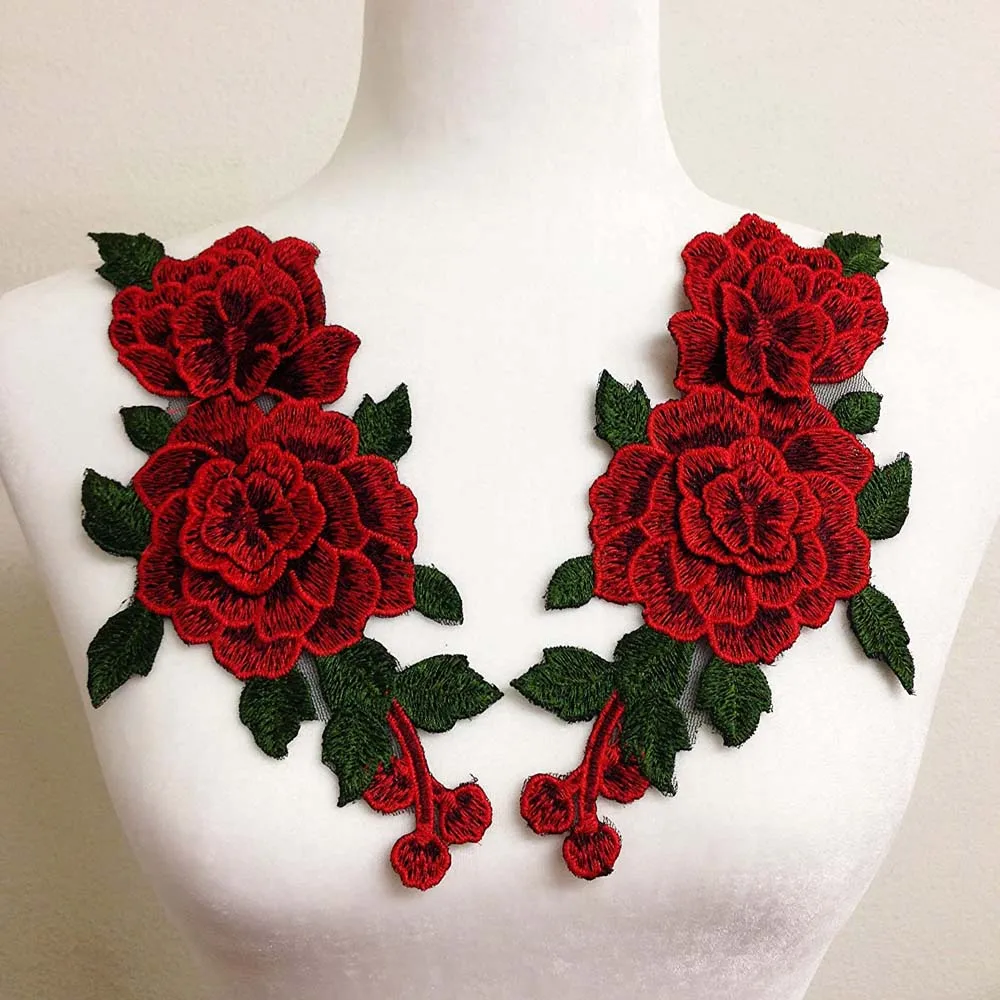 1 Pair Red Embroidery Rose Flower Sew On Patch Dress Hat Bag Jeans Applique Crafts Clothing Accessories 23*12CM