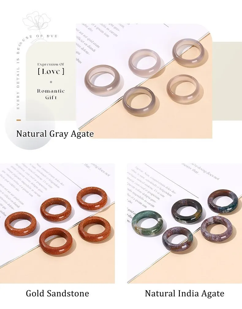 JD Natural Healing Crystal Band Rings Amethyst Agate Jasper Dainty Finger Solid Ring Women Men Fashion Minimalist Jewelry Gifts