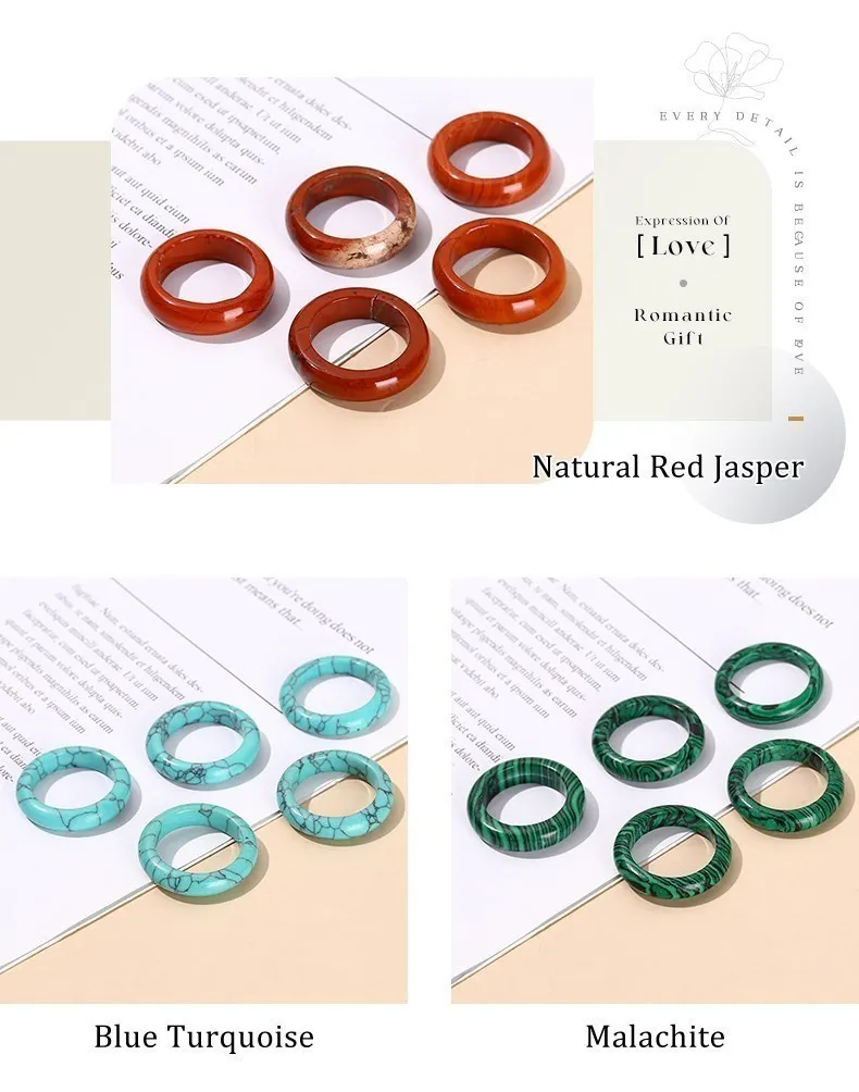 JD Natural Healing Crystal Band Rings Amethyst Agate Jasper Dainty Finger Solid Ring Women Men Fashion Minimalist Jewelry Gifts