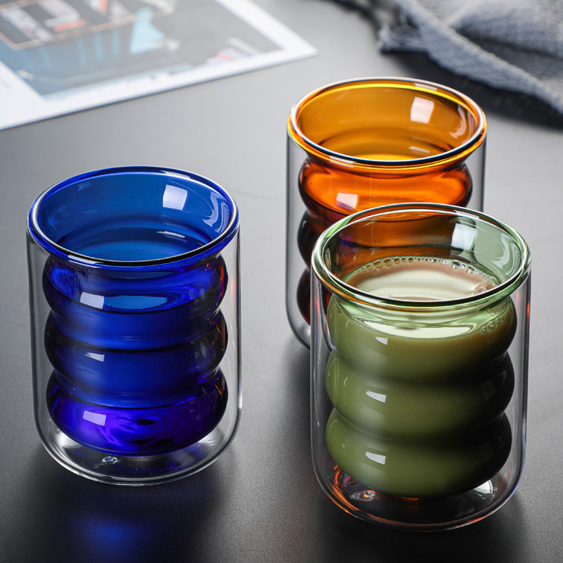 Double Wall Glass Cup Colored Spiral Milk Creative Drinkware Home Coffee Office Juice Coffee Teacup Drinking Water Shot Mugs
