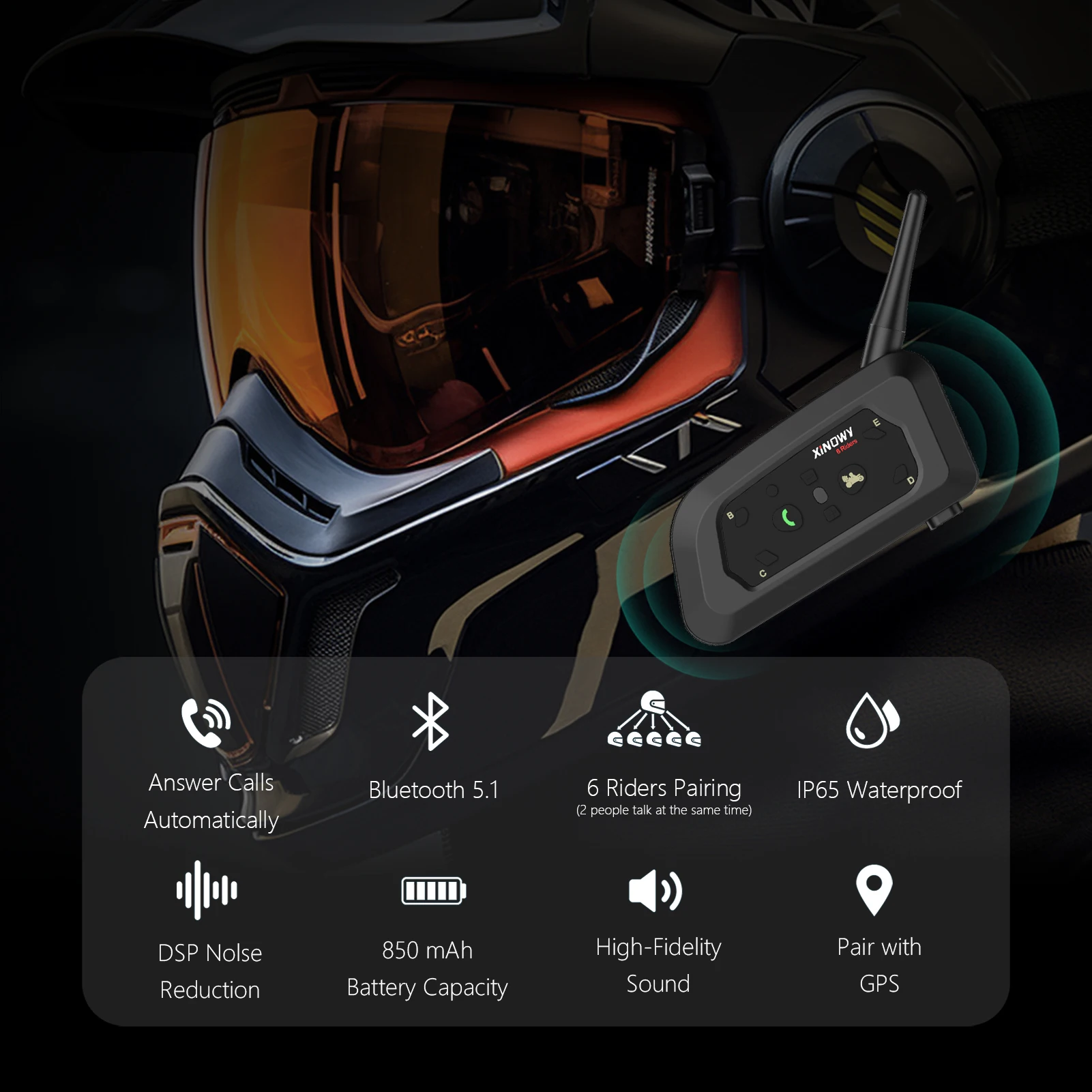 XINOWY V6 PRO Motorcycle Helmet Bluetooth Intercom Headset 800M Interphone Communicator for 6 Riders Music Player Waterproof