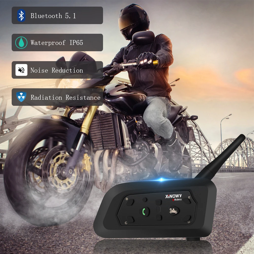 XINOWY V6 PRO Motorcycle Helmet Bluetooth Intercom Headset 800M Interphone Communicator for 6 Riders Music Player Waterproof