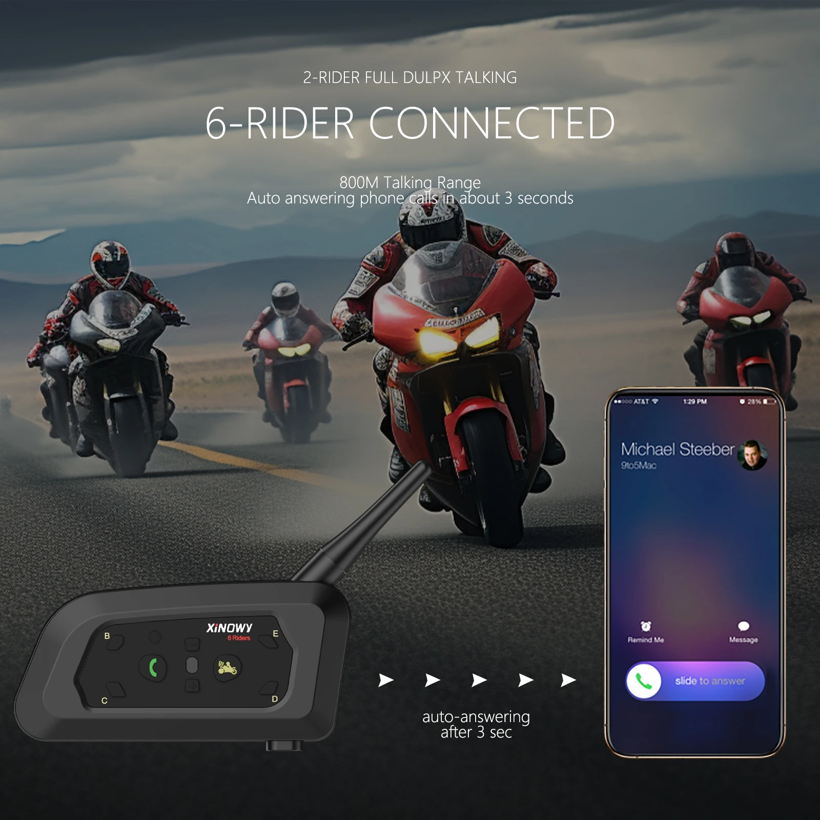 XINOWY V6 PRO Motorcycle Helmet Bluetooth Intercom Headset 800M Interphone Communicator for 6 Riders Music Player Waterproof