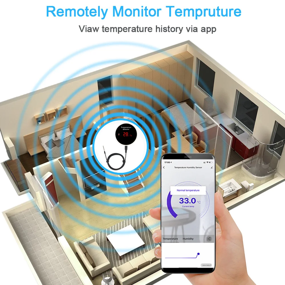Haozee Tuya Smart WIFI Thermometer With External Temperature Probe USB Charge or Rechargable Battery