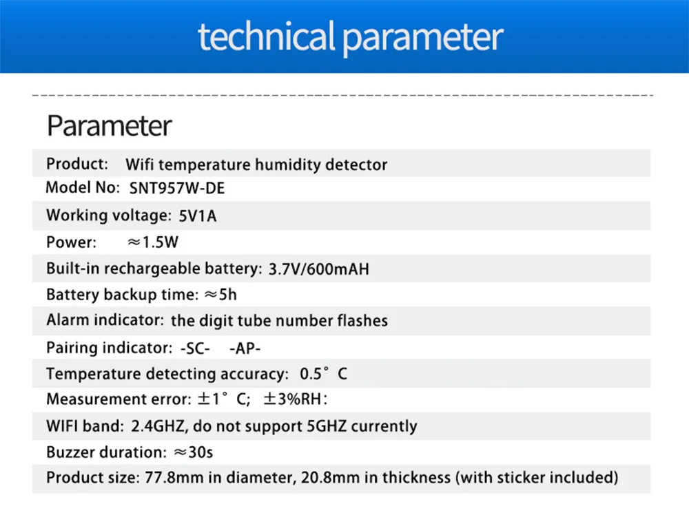 Haozee Tuya Smart WIFI Thermometer With External Temperature Probe USB Charge or Rechargable Battery
