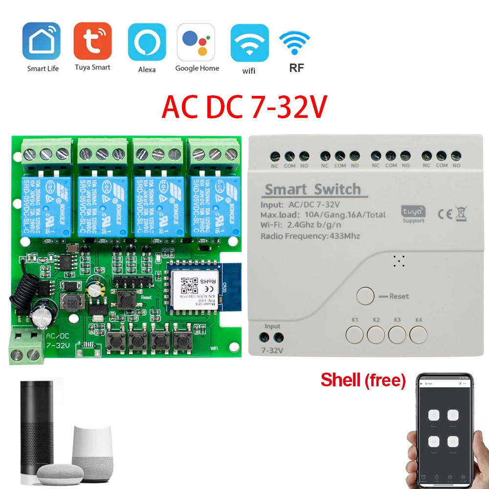 Tuya Smart Wifi Switch Module 12V 24V 220V RF 433 Remote Control Appliance Control Module 4CH Relay Work With Alexa Google Home