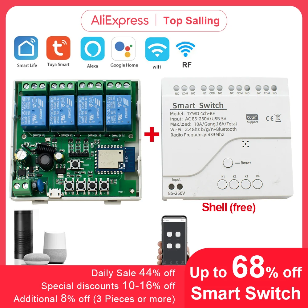 Tuya Smart Wifi Switch Module 12V 24V 220V RF 433 Remote Control Appliance Control Module 4CH Relay Work With Alexa Google Home