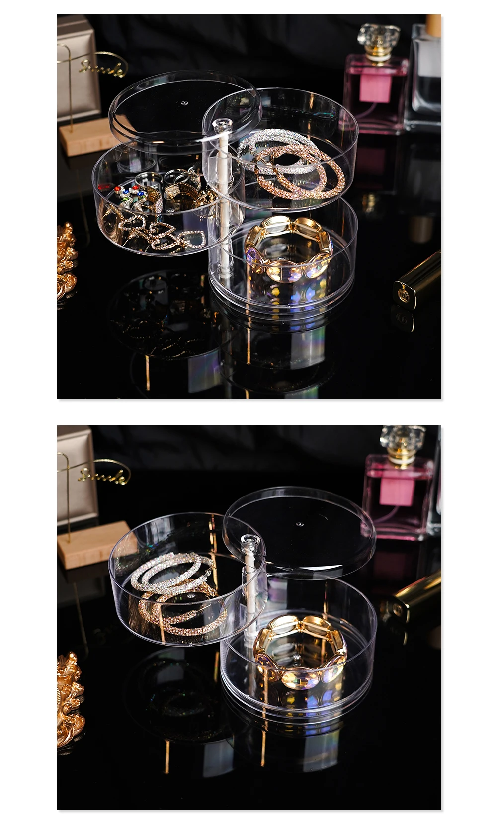 Rotating Jewelry Storage Box Makeup Storage Rack Bracelet Earring Round Plastic Organizer Boxes Holder Display Rack with Cover