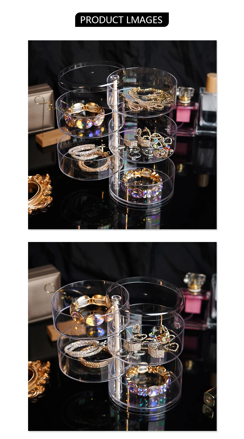 Rotating Jewelry Storage Box Makeup Storage Rack Bracelet Earring Round Plastic Organizer Boxes Holder Display Rack with Cover