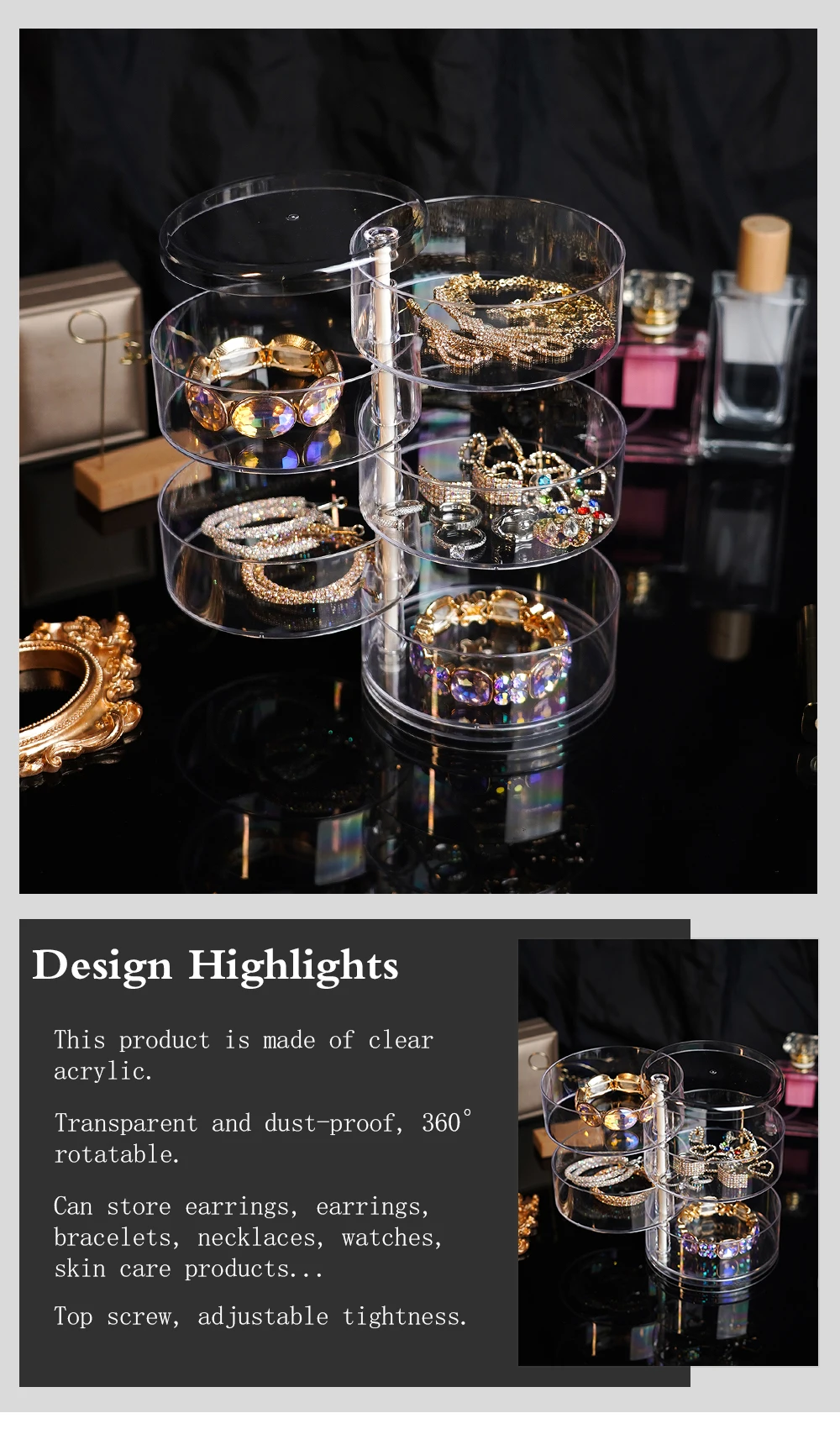 Rotating Jewelry Storage Box Makeup Storage Rack Bracelet Earring Round Plastic Organizer Boxes Holder Display Rack with Cover
