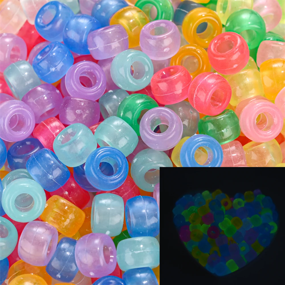 100Pcs Pony Beads 6x9mm Glitter Acrylic Beads Luminous Spacer Beads For Diy Craft Jewelry Bracelets Making Hair Supplies