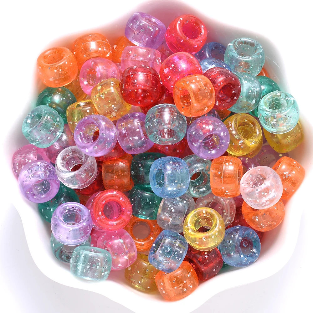 100Pcs Pony Beads 6x9mm Glitter Acrylic Beads Luminous Spacer Beads For Diy Craft Jewelry Bracelets Making Hair Supplies
