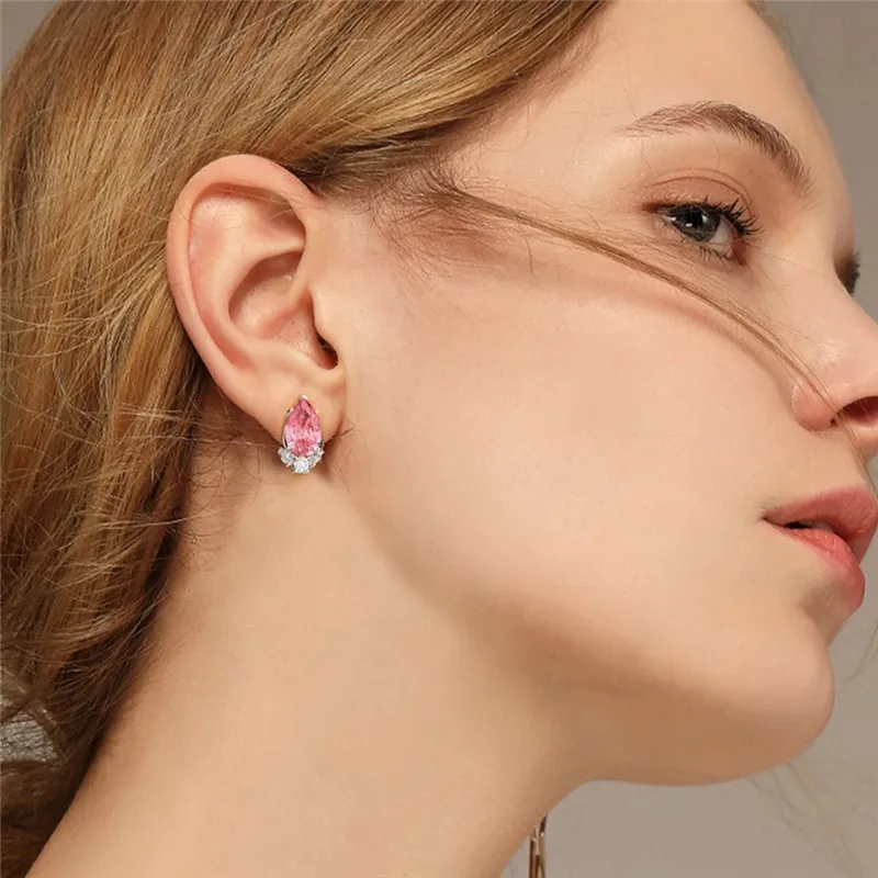 Huitan Gorgeous Teardrop CZ Stud Earrings Bridal Wedding Engagement Accessories Pink/Blue Elegant Women Earrings Fashion Jewelry