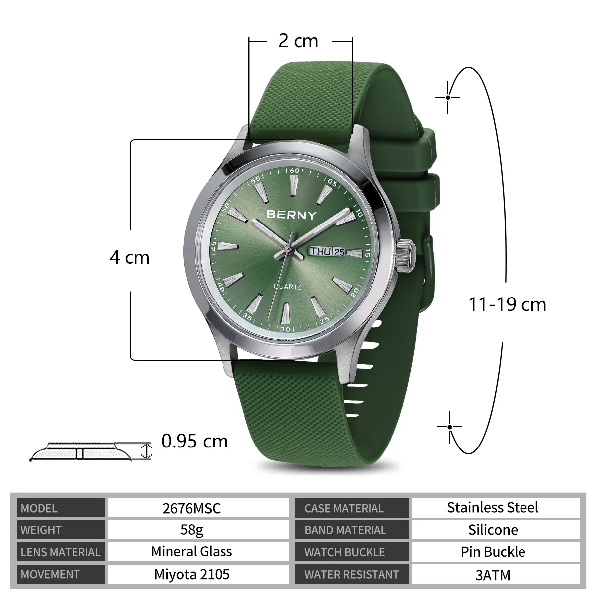 BERNY Watches for Men 40mm Luminous Elegance Dress Quartz Watch Calendar Week Luxury Waterproof Casual Business Men's Wristwatch