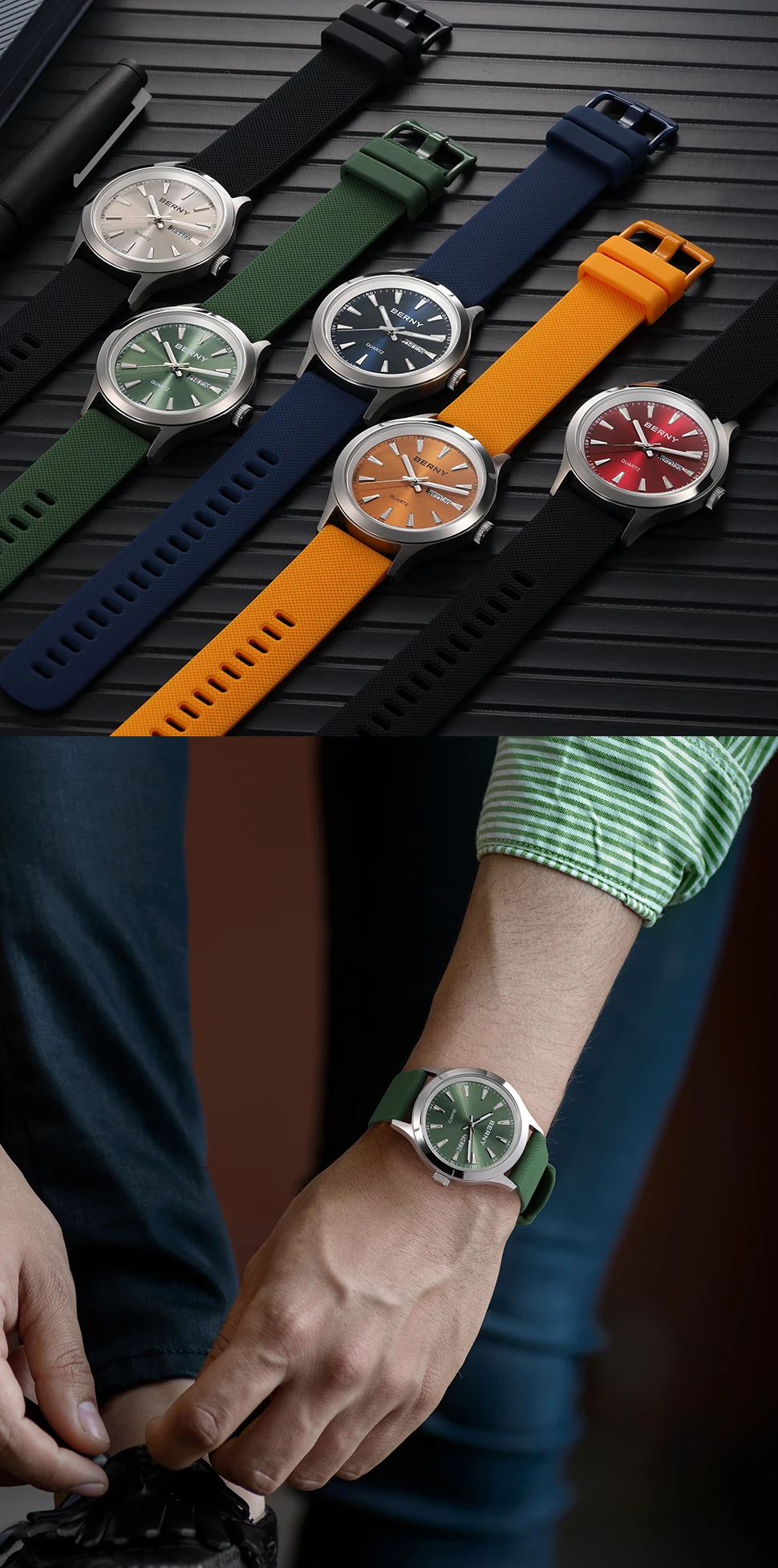 BERNY Watches for Men 40mm Luminous Elegance Dress Quartz Watch Calendar Week Luxury Waterproof Casual Business Men's Wristwatch