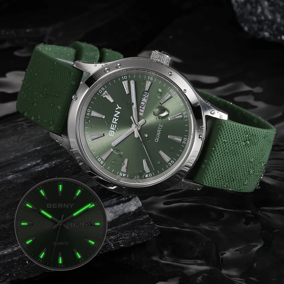BERNY Watches for Men 40mm Luminous Elegance Dress Quartz Watch Calendar Week Luxury Waterproof Casual Business Men's Wristwatch