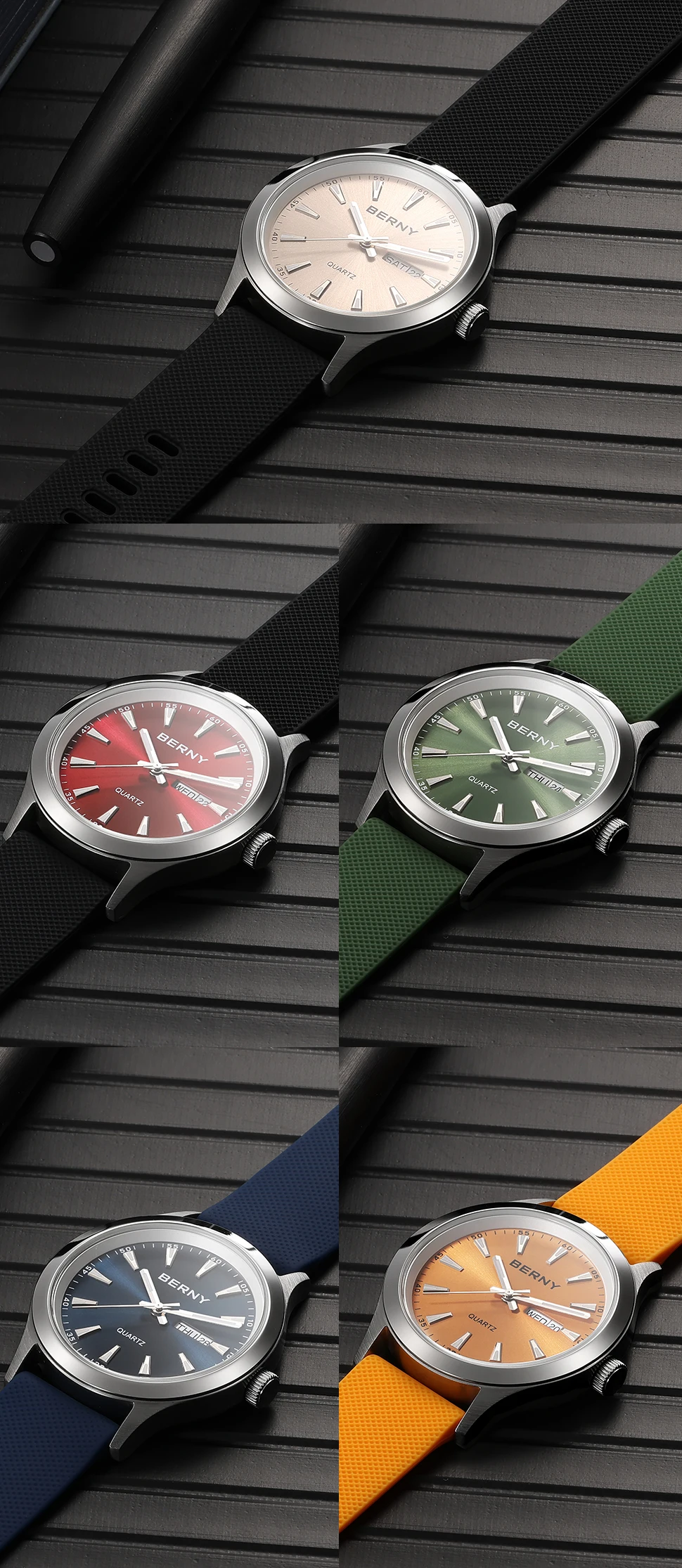BERNY Watches for Men 40mm Luminous Elegance Dress Quartz Watch Calendar Week Luxury Waterproof Casual Business Men's Wristwatch