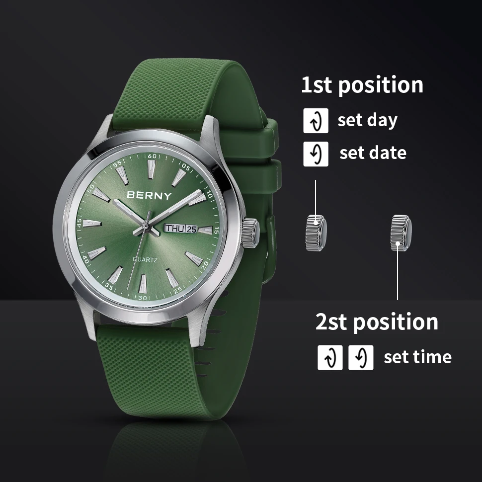 BERNY Watches for Men 40mm Luminous Elegance Dress Quartz Watch Calendar Week Luxury Waterproof Casual Business Men's Wristwatch