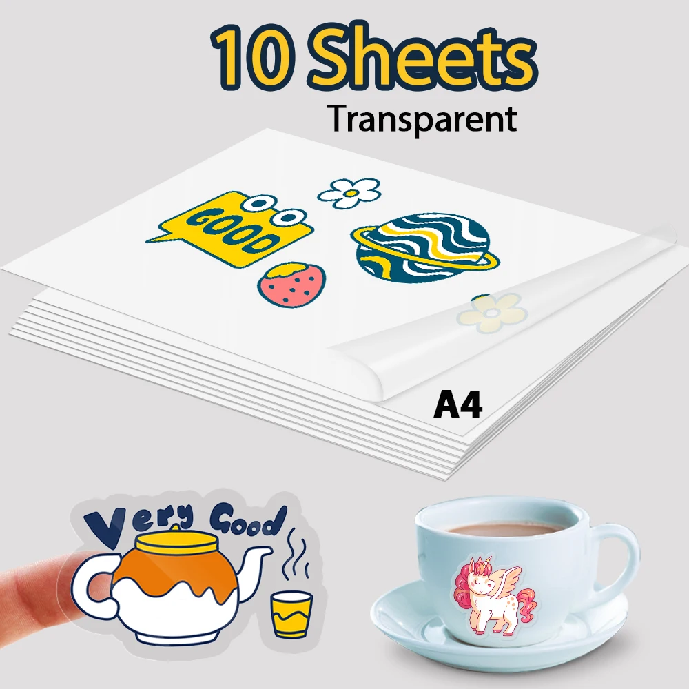 10 Sheets Transparent Printable Vinyl Sticker Paper A4 Glossy White Waterproof Self-Adhesive Copy Paper for All Inkjet Printer