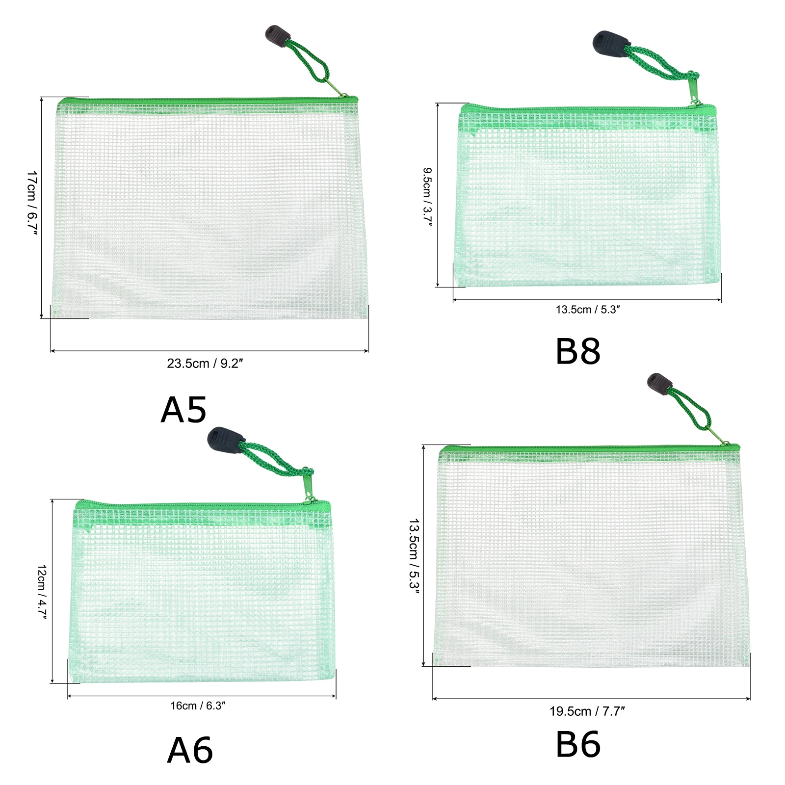 6Pcs Waterproof PVC Mesh Zipper Pouch A5/A6/B6/B8 Size File Document Pockets Bill Bags Folders for Office Home Stationery Supply