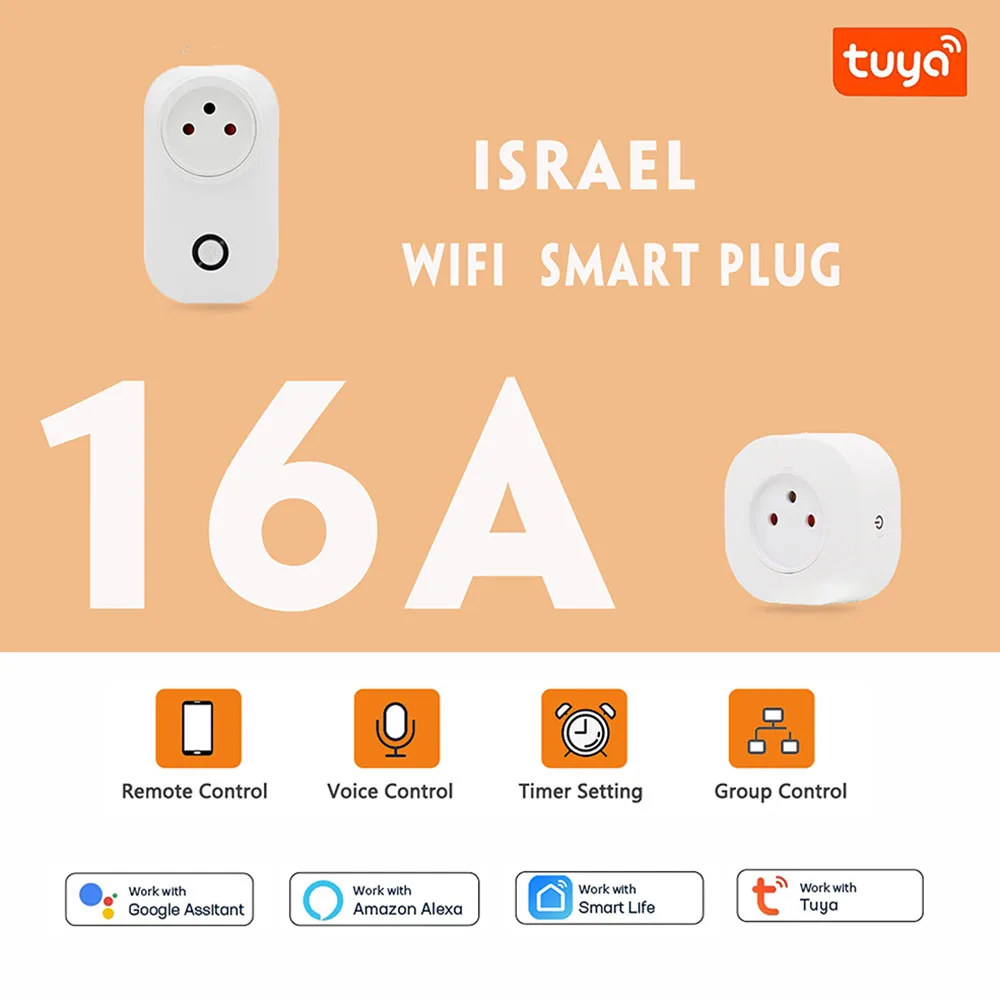 Tuya Smart Socket IsraeL Plug 16A Power Monitor Wifi Light Switch Smart Life Remote Control Outlet For Alexa, Google Assistant