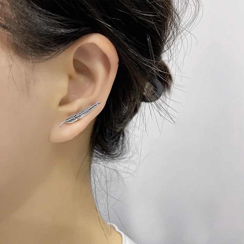 VENTFILLE 925 Sterling Silver Asymmetric Feather Earrings White Moonstone Pendant Earrings Ladies Gifts Handmade Jewelry