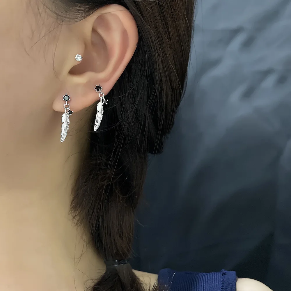 VENTFILLE 925 Sterling Silver Asymmetric Feather Earrings White Moonstone Pendant Earrings Ladies Gifts Handmade Jewelry