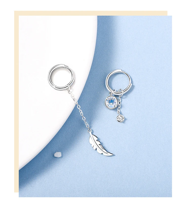VENTFILLE 925 Sterling Silver Asymmetric Feather Earrings White Moonstone Pendant Earrings Ladies Gifts Handmade Jewelry