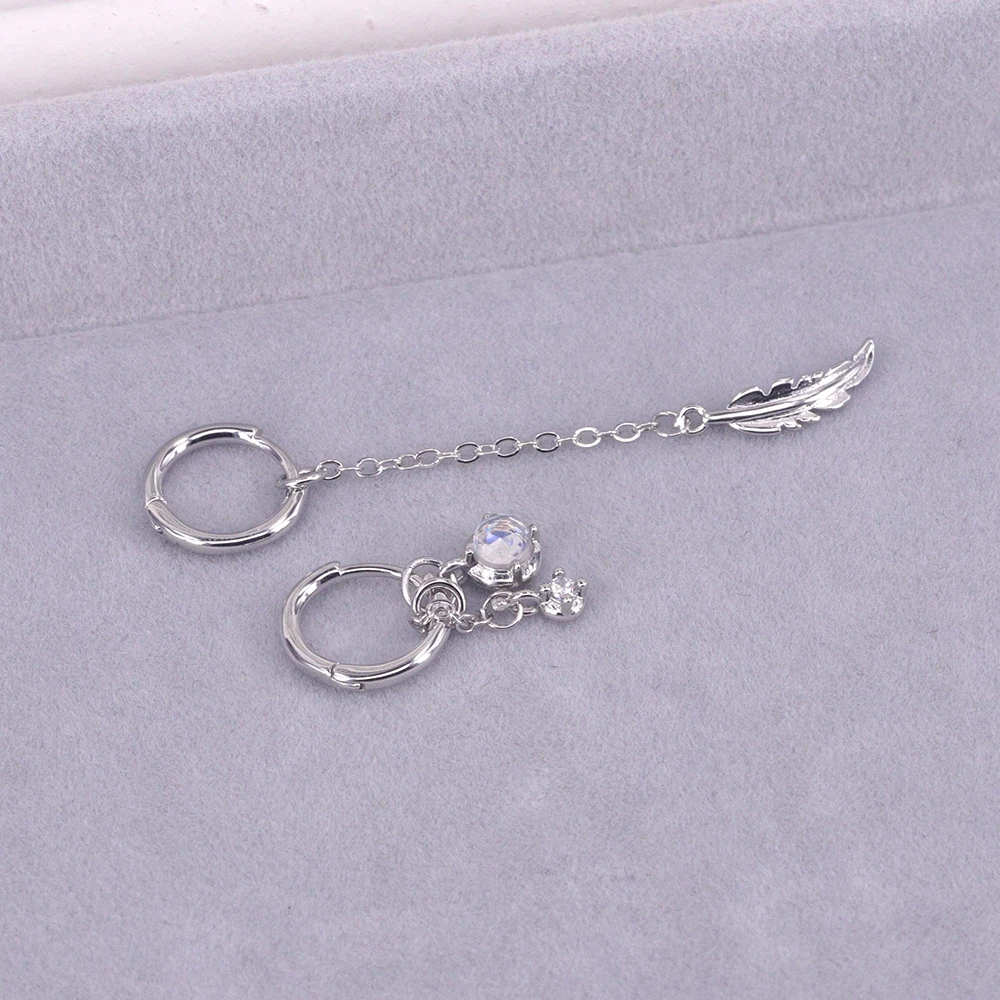 VENTFILLE 925 Sterling Silver Asymmetric Feather Earrings White Moonstone Pendant Earrings Ladies Gifts Handmade Jewelry
