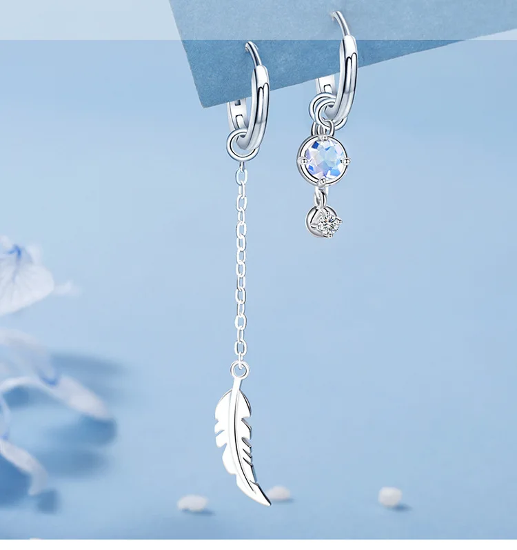 VENTFILLE 925 Sterling Silver Asymmetric Feather Earrings White Moonstone Pendant Earrings Ladies Gifts Handmade Jewelry