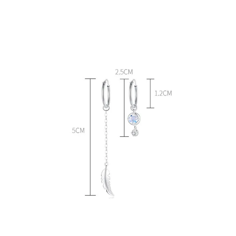 VENTFILLE 925 Sterling Silver Asymmetric Feather Earrings White Moonstone Pendant Earrings Ladies Gifts Handmade Jewelry