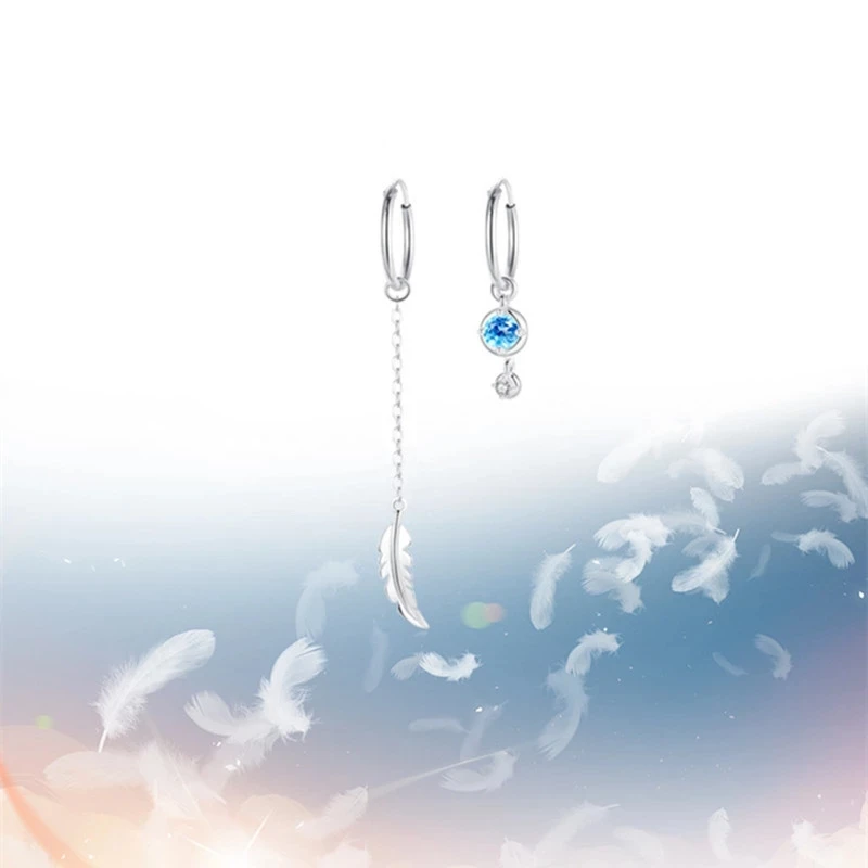 VENTFILLE 925 Sterling Silver Asymmetric Feather Earrings White Moonstone Pendant Earrings Ladies Gifts Handmade Jewelry