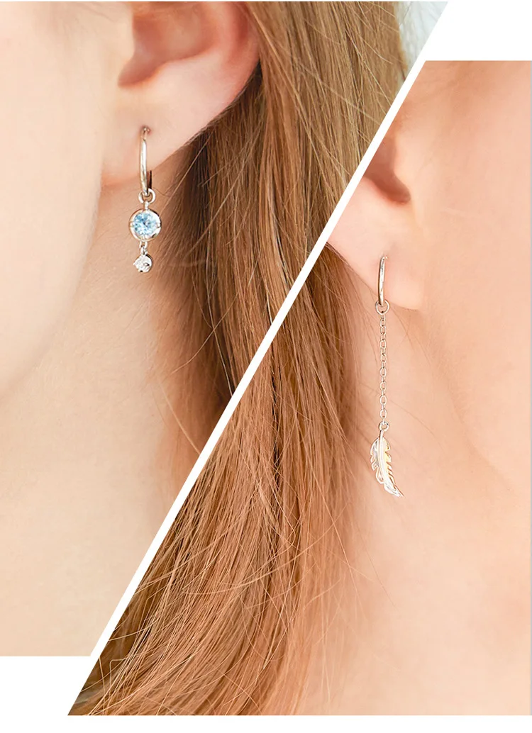 VENTFILLE 925 Sterling Silver Asymmetric Feather Earrings White Moonstone Pendant Earrings Ladies Gifts Handmade Jewelry