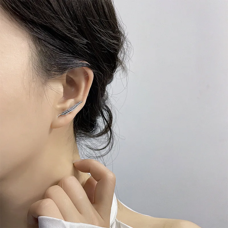 VENTFILLE 925 Sterling Silver Asymmetric Feather Earrings White Moonstone Pendant Earrings Ladies Gifts Handmade Jewelry