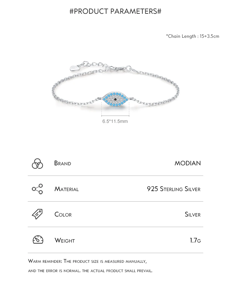 MODIAN Pure 925 Sterling Silver Fashion Natural Turquoise Blue Eyes Bracelet Chain Link For Women Pave Setting CZ Fine Jewelry