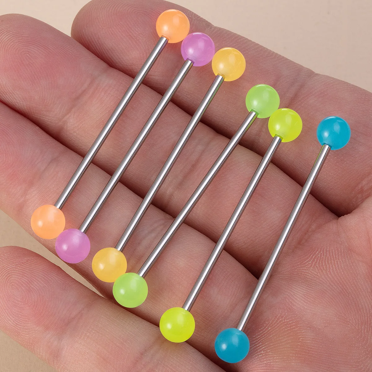 6pcs Luminous Acrylic Cartilage Earrings Piercing Industrial Barbell Long Ear Stud Ring Bar Tragus Helix Women Body Jewelry 14G