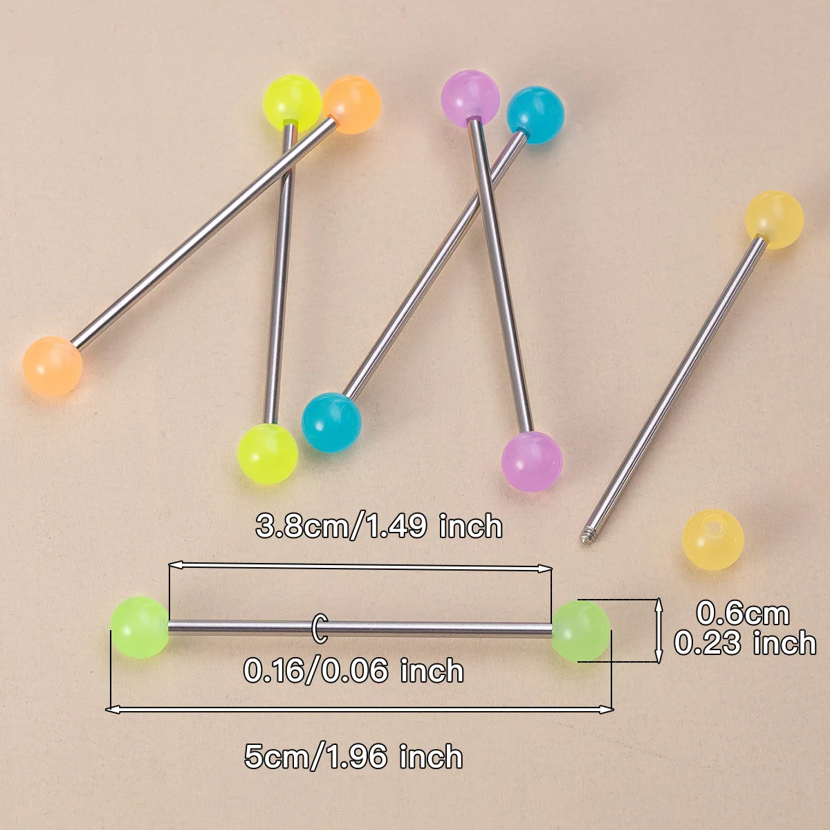 6pcs Luminous Acrylic Cartilage Earrings Piercing Industrial Barbell Long Ear Stud Ring Bar Tragus Helix Women Body Jewelry 14G