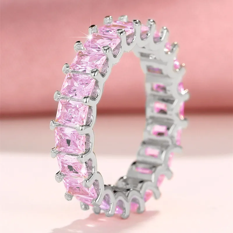 Huitan Crystal/Pink CZ Promise Rings Women Simple Stylish Finger-ring Wedding Engagement Bands Fashion Versatile Lady Jewelry