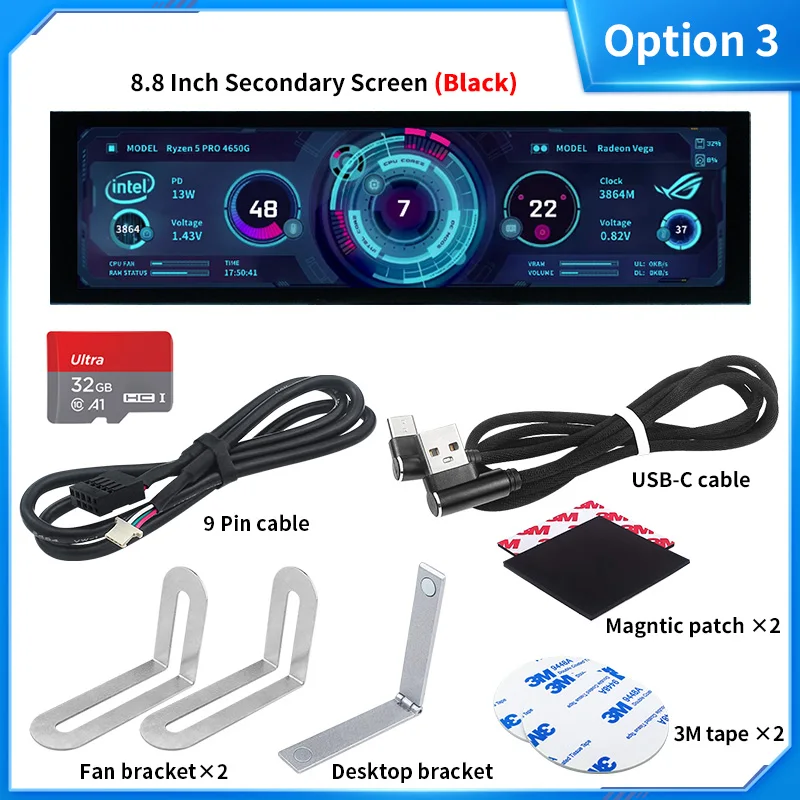 8.8 Inch IPS Type C Secondary Screen USB-C Interface Computer Monitoring CPU GPU RAM Dislpay Smart Screen No Need AIDA64