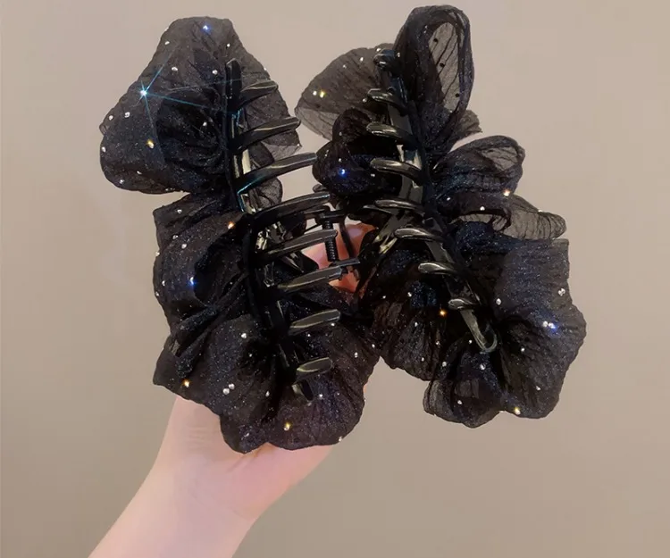 Summer Sweet Mesh Tulle Big Bow Hair Claw Clips for Women Solid Colours Elegant Bowknot Ponytail Clip New Headdress Accessories