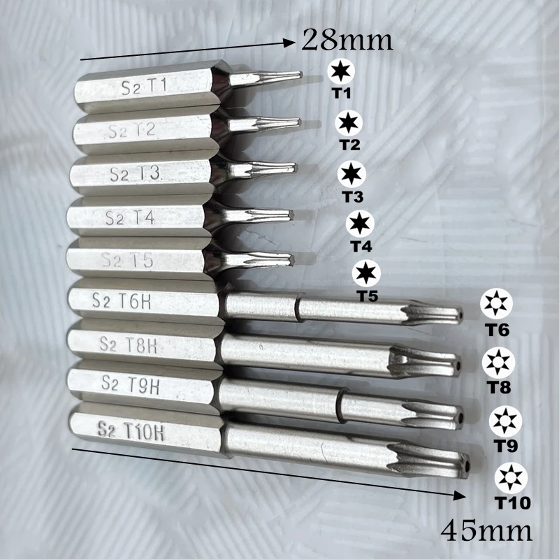 Torx T1 T2 T3 T4 T5 T6H T8H T9H T10H Screwdriver Bits SET 28mm and 45mm Repair Tools Plum Blossoms Repairing Head