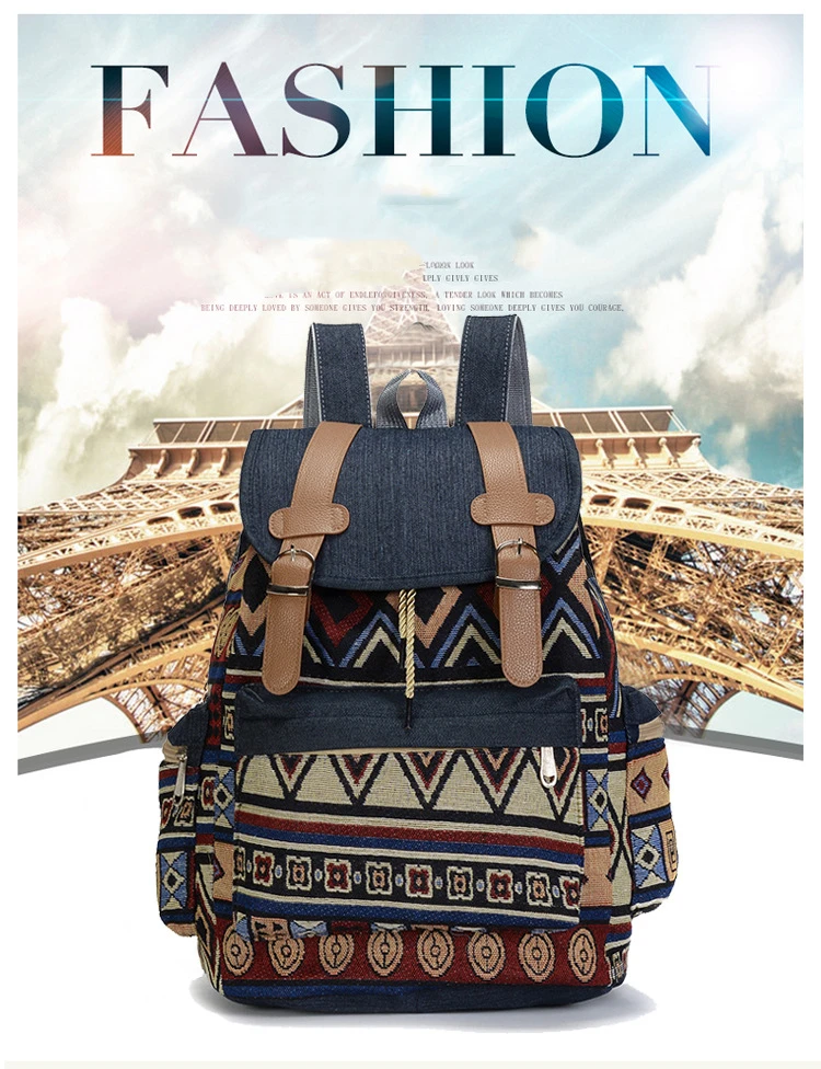 Women Printing National Backpack Canvas School Bags For Teenagers Shoulder Bag Weekend Travel Rucksack Denim Mochilas Femininas