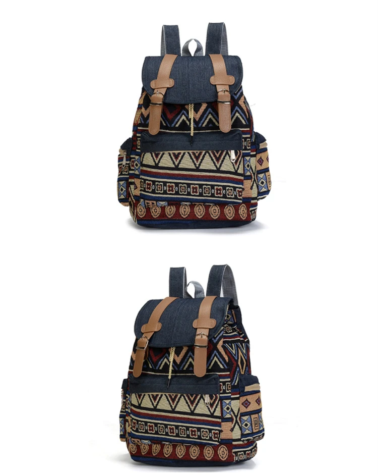 Women Printing National Backpack Canvas School Bags For Teenagers Shoulder Bag Weekend Travel Rucksack Denim Mochilas Femininas