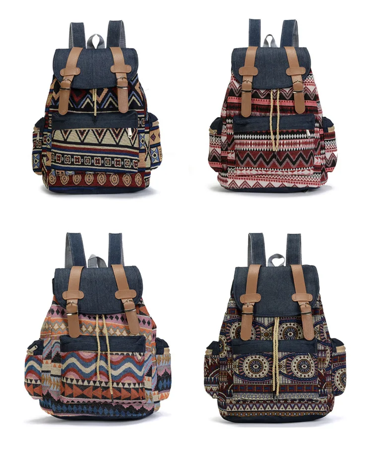 Women Printing National Backpack Canvas School Bags For Teenagers Shoulder Bag Weekend Travel Rucksack Denim Mochilas Femininas