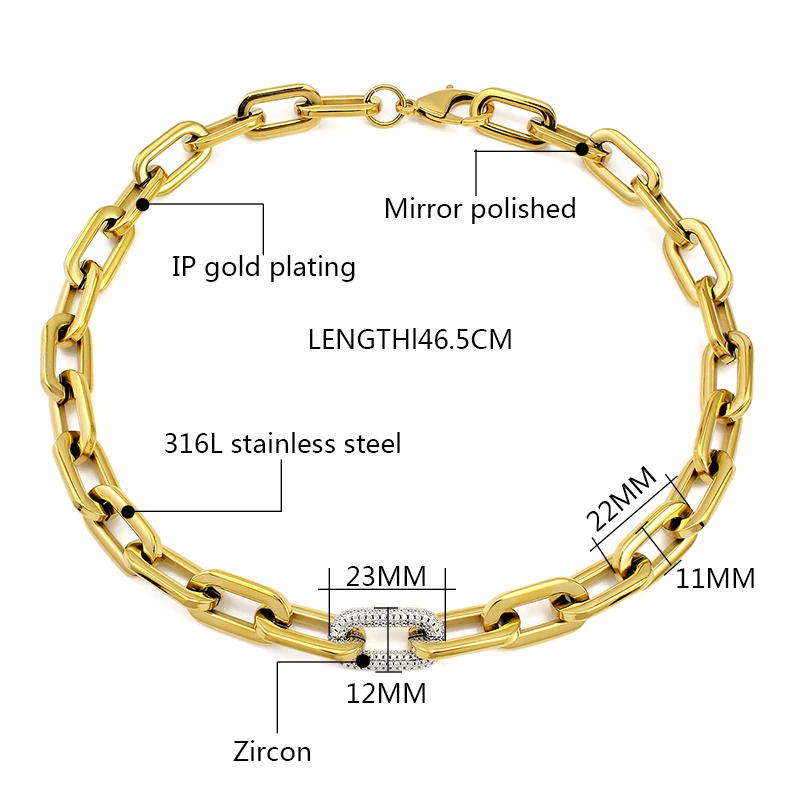 316L Stainless Steel Women Men Gold Silver Color Heavy Thick Big Links Chain Necklace with Bling Crystals Punk Necklace Jewelry